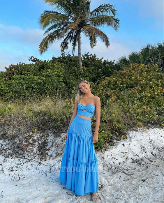 Two Piece Sweetheart Strapless Blue Long formal dresses Bridesmaid Dresses evening gown Prom Dress